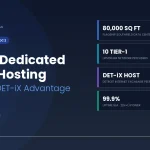 detroit dedicated server infographic showing AHosting's Southfield, Michigan data center, the DET-iX host facility with 10 Tier-1 upstreams and 99.9% uptime