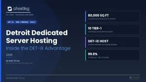 detroit dedicated server infographic showing AHosting's Southfield, Michigan data center, the DET-iX host facility with 10 Tier-1 upstreams and 99.9% uptime