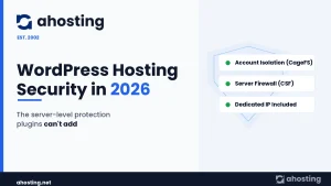 WordPress hosting security in 2026 — AHosting cover showing CageFS account isolation, CSF server firewall, and a dedicated IP