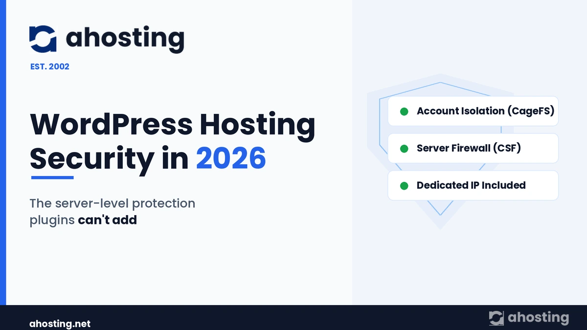 WordPress hosting security in 2026 — AHosting cover showing CageFS account isolation, CSF server firewall, and a dedicated IP