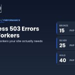 WordPress PHP workers and 503 errors guide showing Bronze 15, Silver 25, and Gold 40 worker allocation — AHosting.