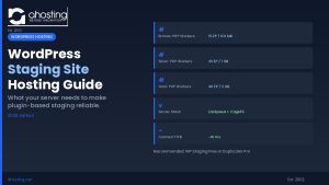 WordPress staging site hosting setup — AHosting LiteSpeed server with PHP worker resource table and WP Staging plugin workflow