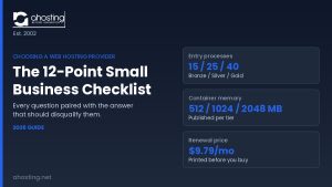 Choosing a web hosting provider — 12-point small business checklist showing resource, uptime, isolation, support and contract checkpoints — AHosting.