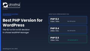Best PHP version for WordPress comparison chart showing PHP 8.3, 8.4 and 8.5 memory limits, timeouts and OPcache availability on AHosting cPanel hosting.