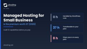 Managed hosting for small business audit showing 0 hours handled by WordPress core, 37 hours transferable to a plan, and 8 hours that stay with the owner — AHosting.