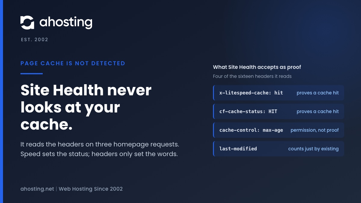 AHosting card on page cache is not detected in WordPress Site Health, showing four of the sixteen homepage headers the test accepts as proof.