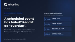 AHosting card on what a scheduled event has failed means: Site Health grades how overdue the oldest waiting event is, not a crash.