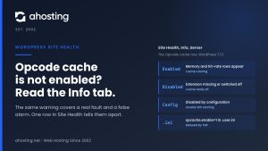 AHosting card on the opcode cache is not enabled warning: what each Site Health Info value means, and why .user.ini cannot switch OPcache on.