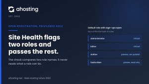AHosting card on open registration with privileged default role: Site Health flags Administrator and Editor but passes Author and Subscriber.