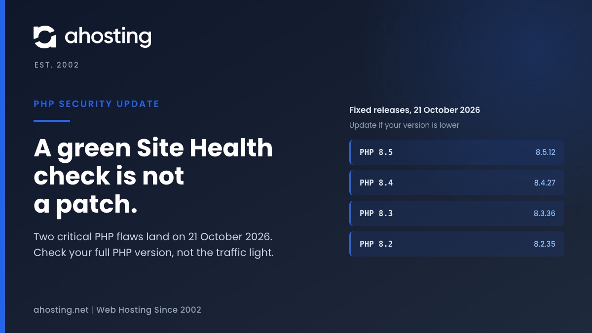 AHosting card on the php security update: PHP 8.5.12, 8.4.27, 8.3.36 and 8.2.35 fix two critical flaws, and a green Site Health check is not a patch.